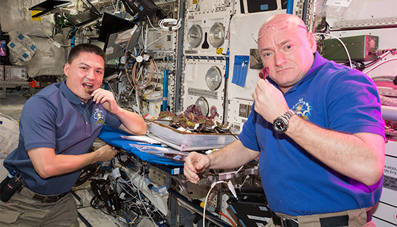 Astronauts Kjell Lindgren and Scott Kelly hold lettuce leaves grown on the space station