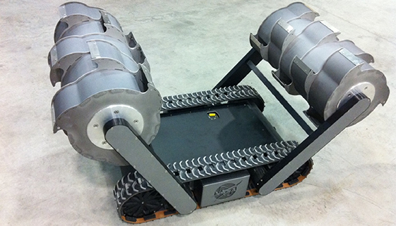 A robot with tracks like a tank and two digging rotors
