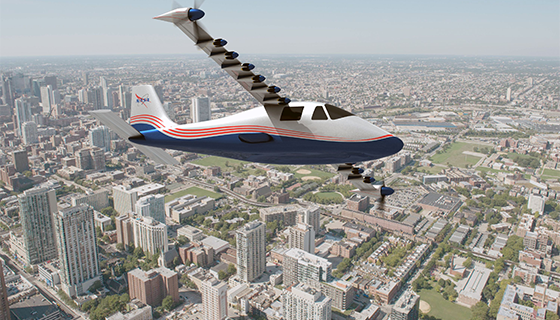 Artist's concept of the X-57 aircraft flying over a city