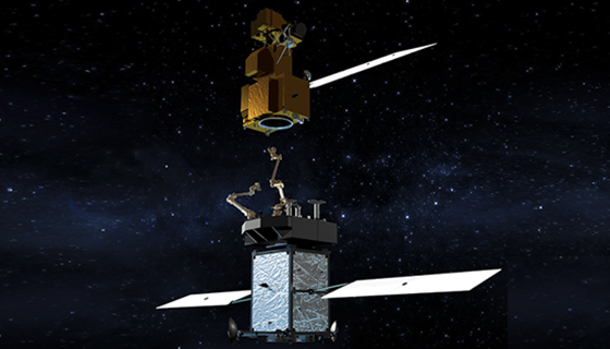 Artist's concept of the Restore-L satellite (at bottom) extending its robotic arm to grasp another satellite