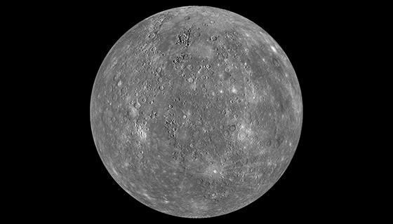 The gray, crater-filled surface of planet Mercury