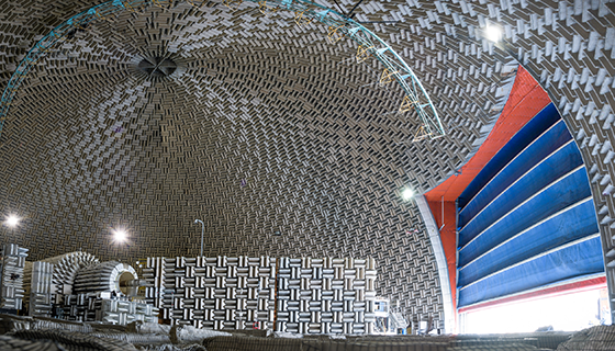 A large dome with walls filled with fiberglass wedges to absorb sound