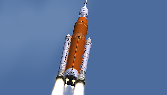 Illustration of the Space Launch System rocket launching