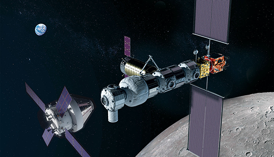 Illustration of how Gateway might look with Orion flying toward it