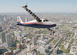 Artist's concept of the X-57 aircraft flying over a city