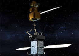 Artist's concept of the Restore-L satellite (at bottom) extending its robotic arm to grasp another satellite