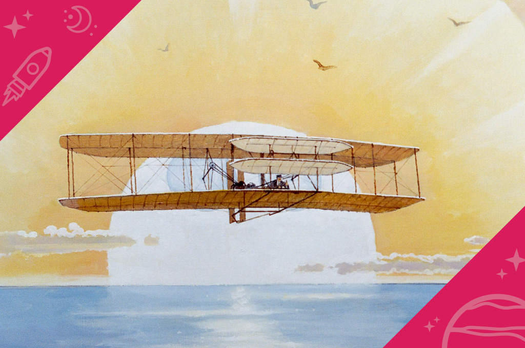 Artist mural of the Wright Flyer on sunrise in flight over waters and a beach