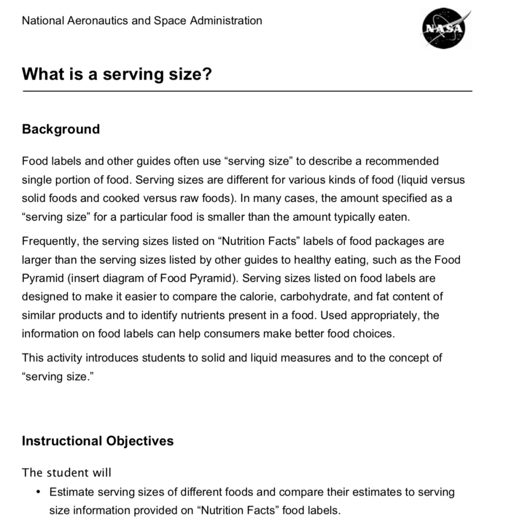 The first page of What Is A Serving Size? Activity