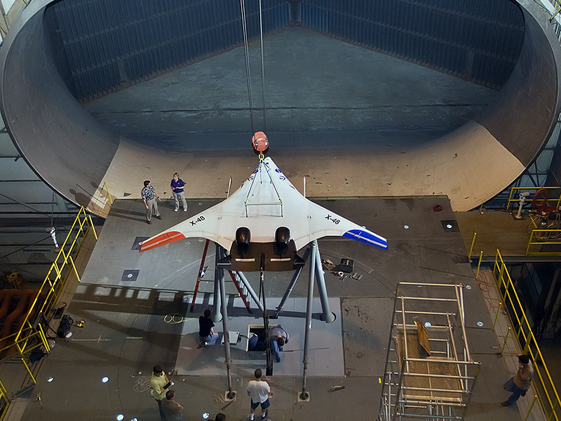 X-48C inside a wind tunnel.