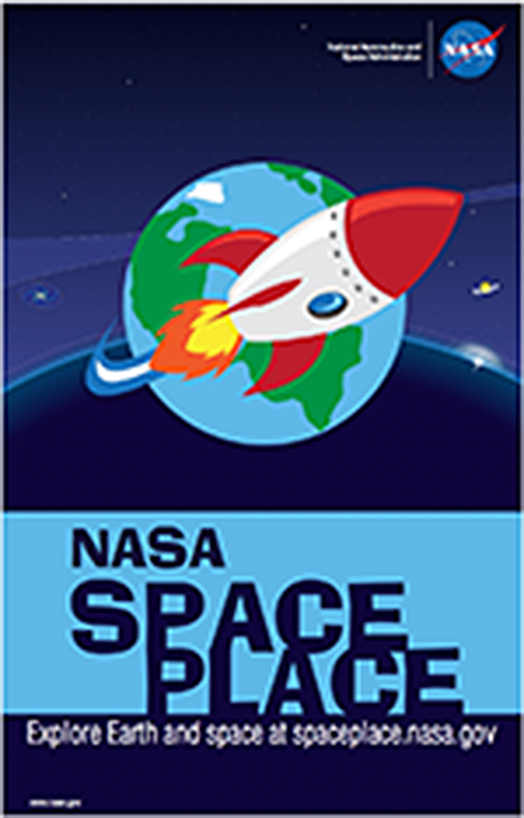 NASA Space Place with a cartoon of a rocket flying around the Earth