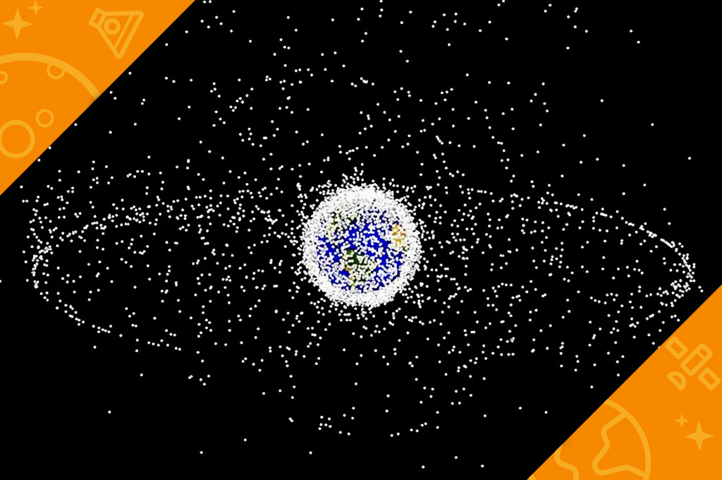 An illustration of Earth surrounded by orbital debris