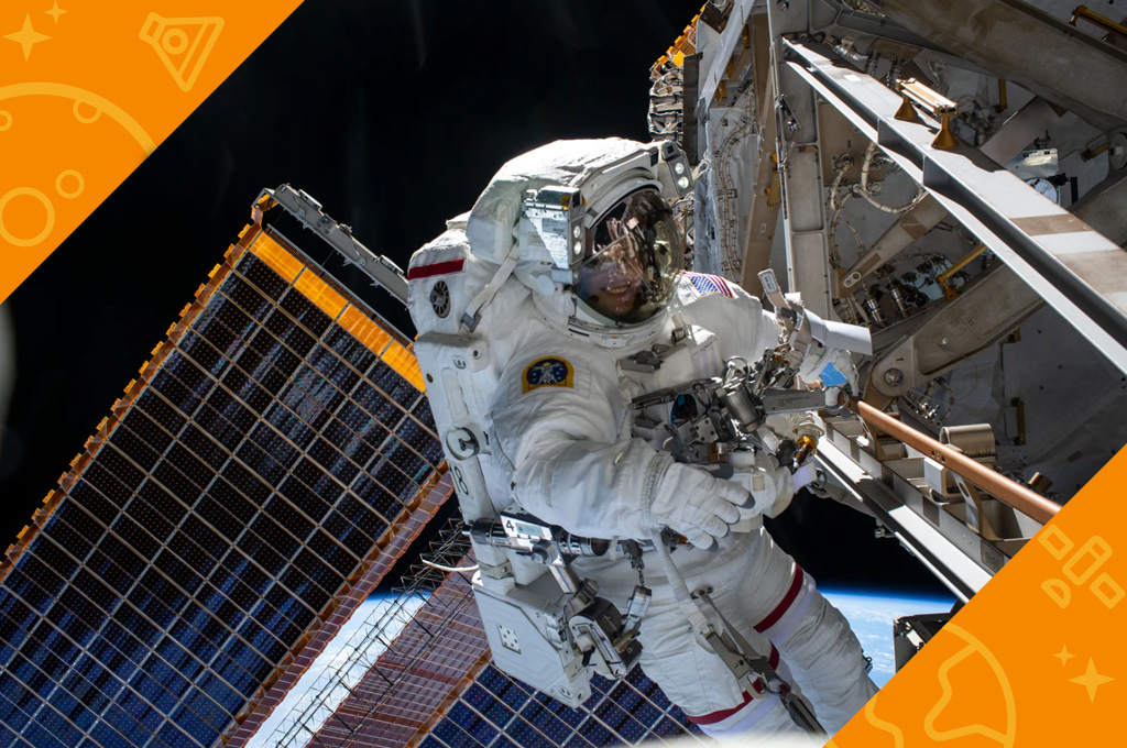 NASA astronaut and Expedition 68 Flight Engineer Nicole Mann is pictured in her Extravehicular Mobility Unit, or spacesuit, during her second spacewalk