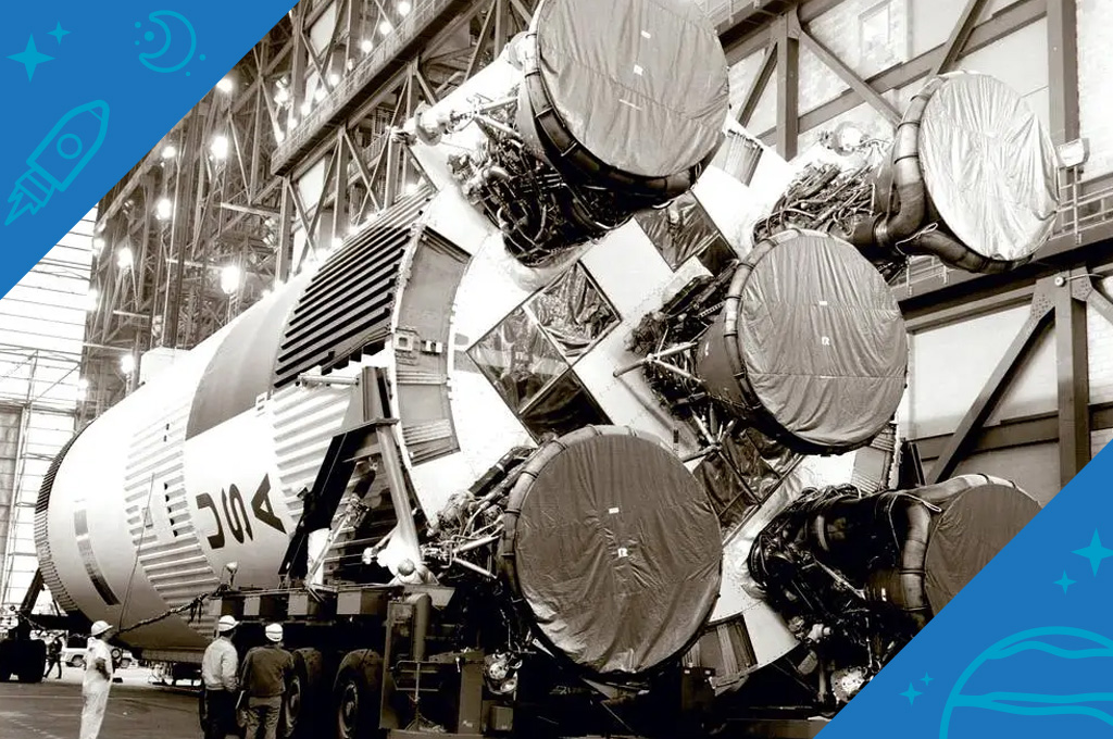 A photo of the Saturn S-IC-6 five F-1 engines