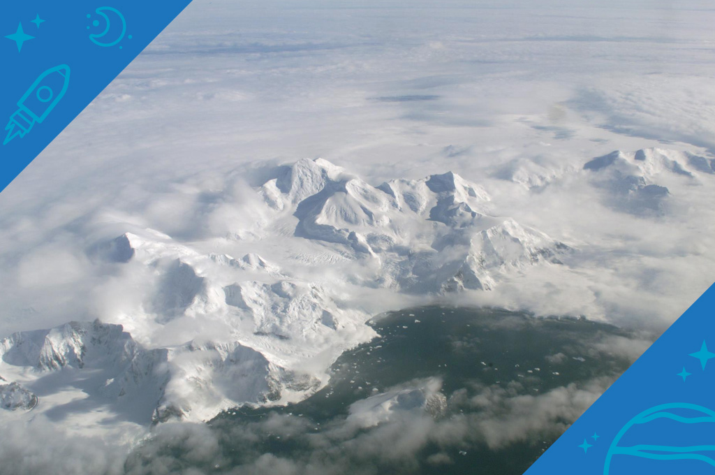 An aerial photo of the Larsen Ice Shelf, which is part of the Antarctic Peninsula.