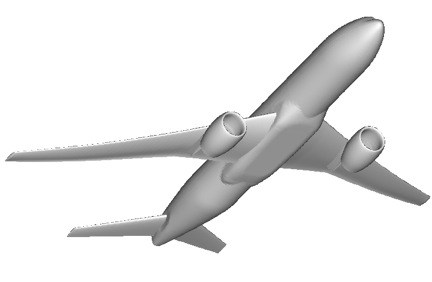 Rendered model of a twin‑engine commercial aircraft viewed from below.