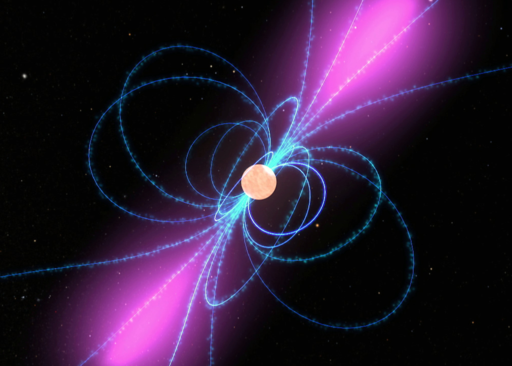 An orange ball representing a pulsar is surrounding by blue arcs (magnetic field lines). Magenta cones of light, representing gamma rays, extend from the poles.