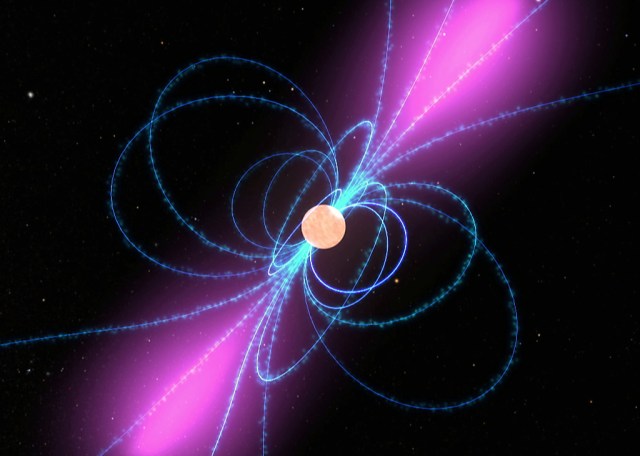 An orange ball representing a pulsar is surrounding by blue arcs (magnetic field lines). Magenta cones of light, representing gamma rays, extend from the poles.