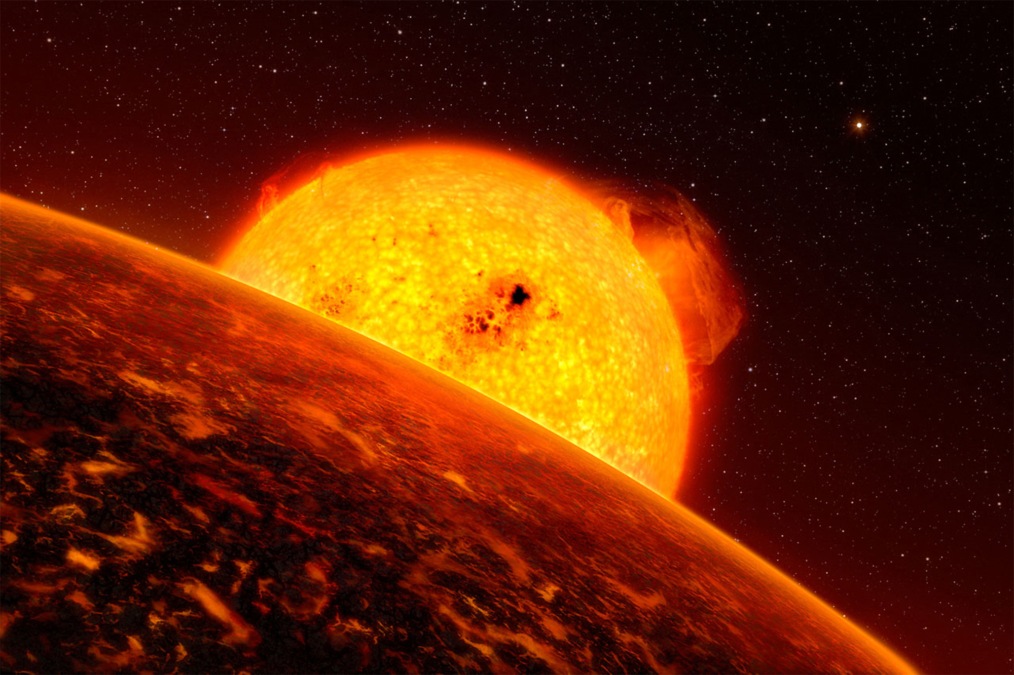 Artist impression of a sun glowing orange with some flares coming off it rising over exoplanet CoRoT-7b, which is almost black with dark red swirls on it.