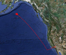 The outbound flight path of NASA's Global Hawk over the North Pacific Ocean south of Kodiak Island is marked in red shortly after it turned around on the first data-collection flight in the Global Hawk Pacific (GloPac) environmental science mission April 7.