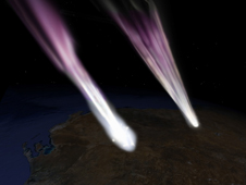 Artist's concept depicting the Hayabusa spacecraft and its sample return capsule entering the atmosphere over South Australia.