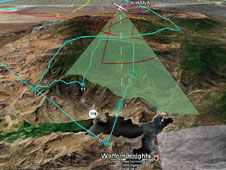 This 3-D illustration shows the real-time, mid-mission flight track of NASA's Ikhana remotely piloted aircraft over Southern Californias Lake Isabella
