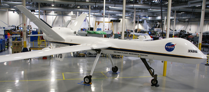 NASA's Modified MQ-9 Predator B - Ikhana - is shown in General Atomics Aeronautical Systems plant in Poway, Calif., while undergoing major avionics and electrical systems upgrades.