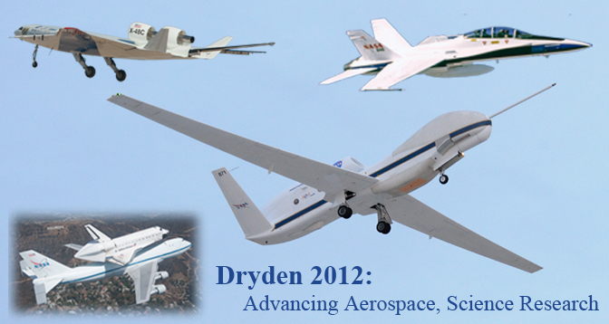 Dryden 2012 - Advancing Aerospace, Science Research - Collage of aircraft flown at Dryden in 2012 including Global Hawk, DROID, F-18 and X-48C