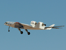 The X-48C Hybrid / Blended Wing Body technology demonstrator lifts into the skies after taking off from the bed of Rogers Dry Lake at Edwards Air Force Base on its first test flight on Aug. 7, 2012.
