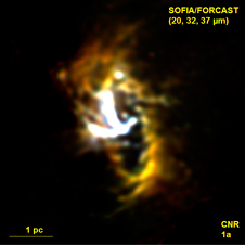 SOFIA/FORCAST mid-infrared image of the Milky Way galaxy's nucleus showing the Circumnuclear Ring (CNR) of gas and dust clouds orbiting a central supermassive black hole.