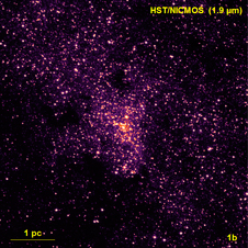 Hubble Space Telescope/NICMOS near-infrared image showing the same field of view with the same scale and orientation as the image above. At this wavelength, opaque dust in the plane of the Milky Way hides features that are seen in the SOFIA image.