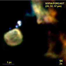 SOFIA/FORCAST mid-infrared image of a region including the Quintuple Cluster (QC), a group of young stars near the left margin of the frame, located about 35 parsecs (100 light years) from the galaxy's nucleus.