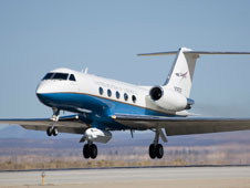 NASA's Gulfstream C-20A research aircraft lifts off the Edwards AFB runway while carrying the UAV synthetic aperture radar pod.