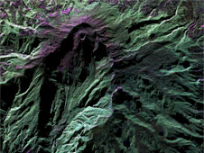 This false-color image of Colombia's highly active Galeras Volcano, acquired by UAVSAR on March 13, details a breached caldera and an active cone that produces numerous small to moderate explosive eruptions.
