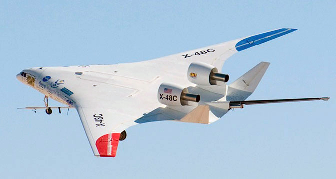 The NASA-Boeing X-48C Hybrid/Blended Wing Body research aircraft banks left during one of its final test flights over Edwards Air Force Base from NASA's Dryden Flight Research Center on Feb. 28, 2013.