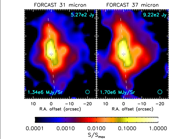 Figures 1a and 1b show the G35 protostar at wavelengths of 31 and 37 microns taken by the FORCAST instrument on the SOFIA observatory's infrared telescope in 2011.