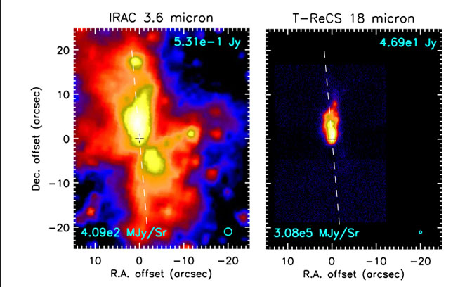 Figures 2a (left) and 2b (right) present G35 protostar images obtained by NASA's Spitzer Space Telescope and the Gemini-North telescope at Mauna Kea, Hawaii.
