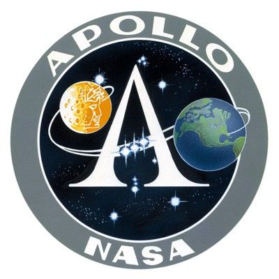 The Apollo program insignia. The words Apollo are across the top and NASA on the bottom edge both in white against a gray edge. Inside the circle is a large A with the Moon in gold on the left and the Earth on the right.