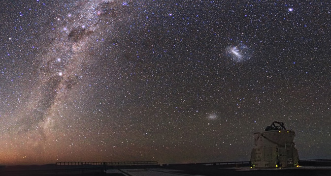 Some celestial objects are only visible from Earth’s Southern Hemisphere, such as central portions of our Milky Way galaxy, left, plus the two Magellanic Clouds above and to the left of the observatory dome, as shown in this photo taken at Cerro Paranal in Chile’s Atacama Desert.