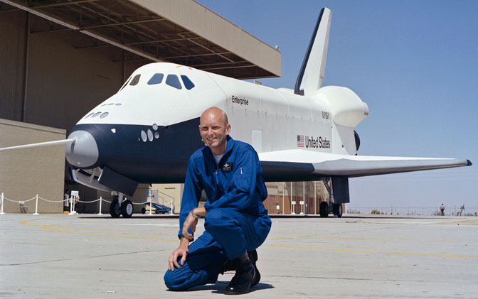 Gordon Fullerton, shown here with the prototype space shuttle Enterprise at its rollout in 1976, was one of the pilot-astronauts who flew the Enterprise during its approach and landing tests at NASA Dryden in 1977.