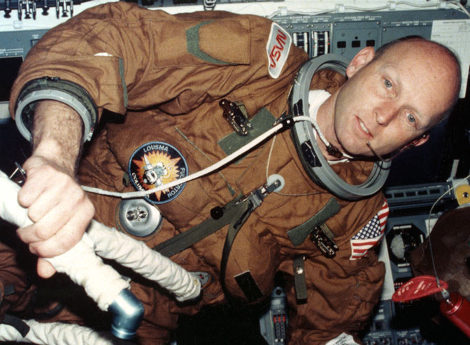 NASA astronaut Gordon Fullerton is shown aboard the space shuttle Columbia during the STS-3 orbital flight test mission in 1982.