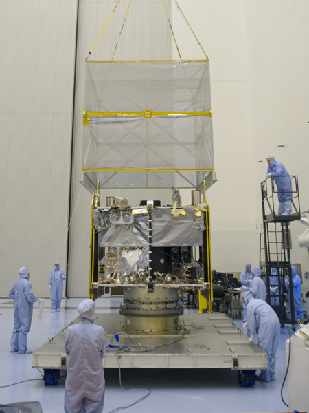 NASA’s Mars Atmosphere and Volatiles Evolution (MAVEN) spacecraft is seen inside the Payload Hazardous Servicing Facility on Aug. 3. 2013 at the agency’s Kennedy Space Center in Florida. MAVEN will be prepared inside the facility for its scheduled November launch to Mars. 