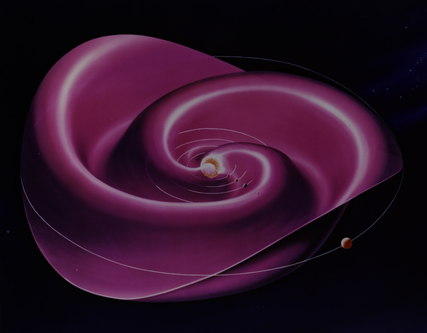 A graphic depiction of the Sun's magnetic field, which looks a bit like a rose, a 3-D spiral around the Sun in the center. Planets and their orbits are partially visible in the center of the folded spiral.