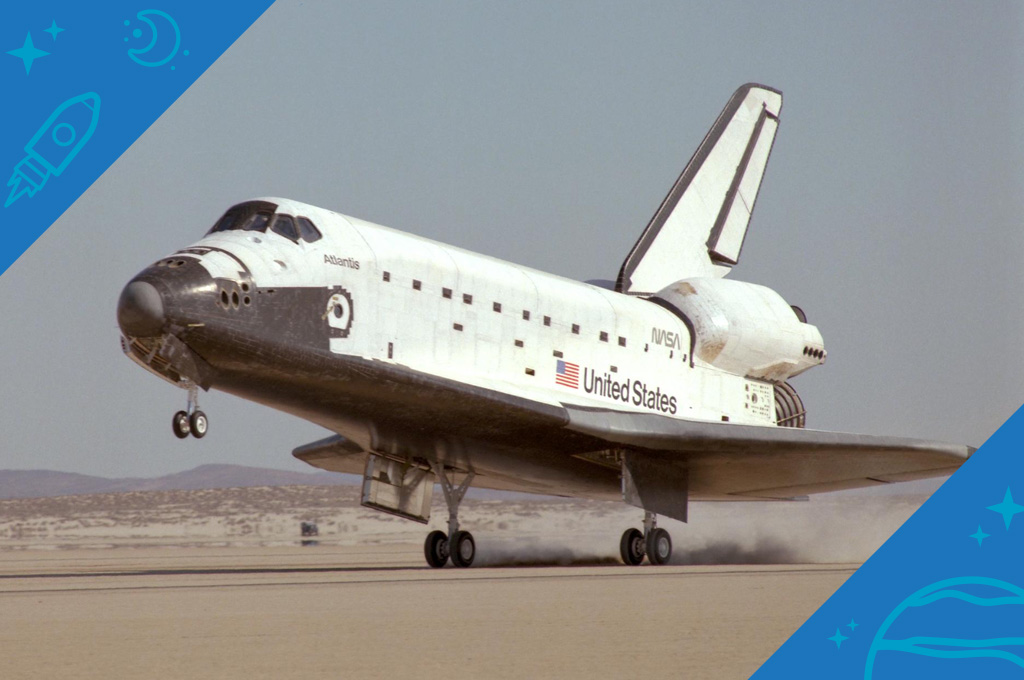 NASA's Space Shuttle Atlantis touching down on the lakebed runway at Edwards Air Force Base in California's Mojave Desert