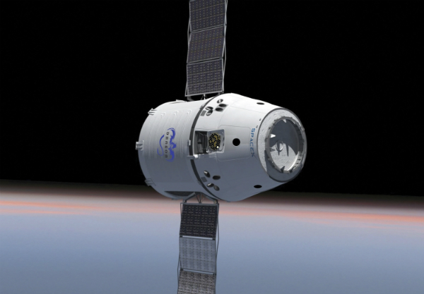 This is an artist concept of SpaceX's Dragon capsule in orbit.