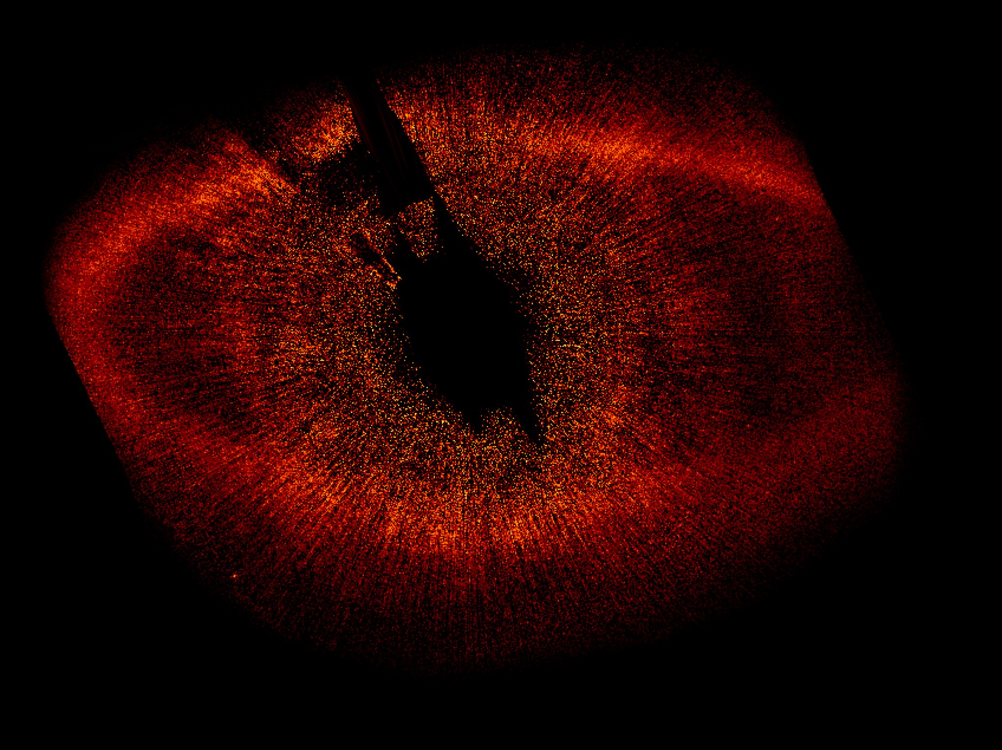 The star Fomalhaut with debris disks around it, with is a circle of small red spots.
