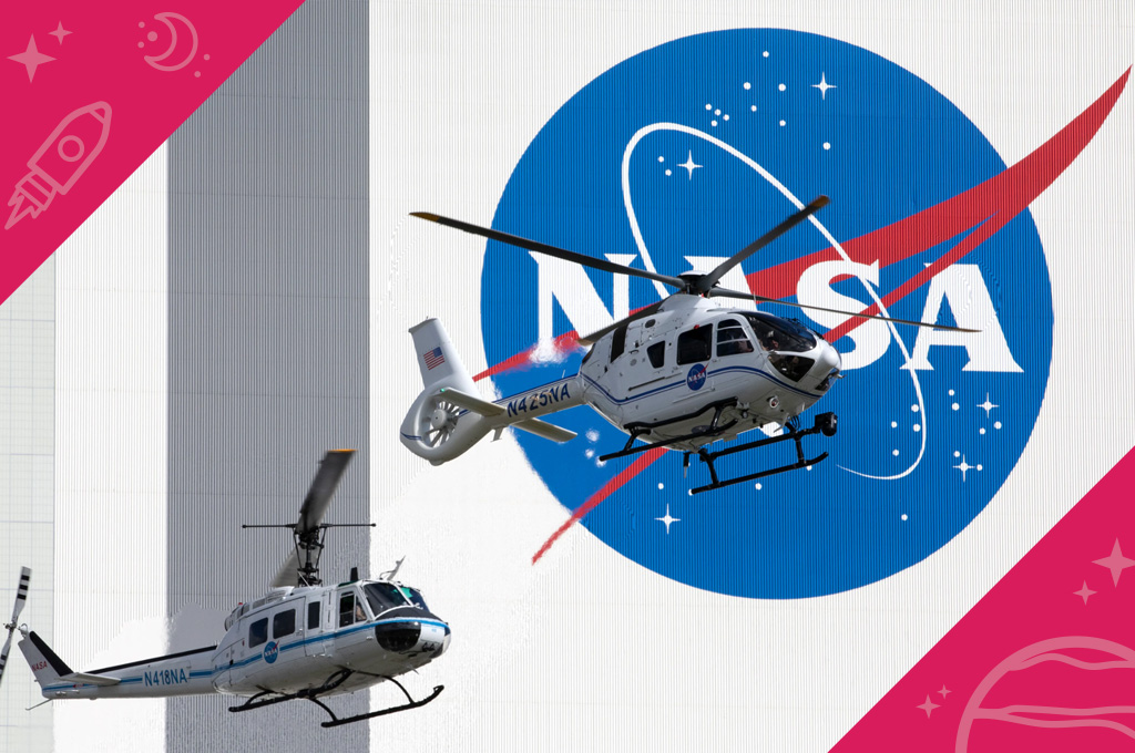 Kennedy's Bell Huey 2 and new Airbus H135 aircraft fly in front of the NASA meatball logo on the Vehicle Assembly Building
