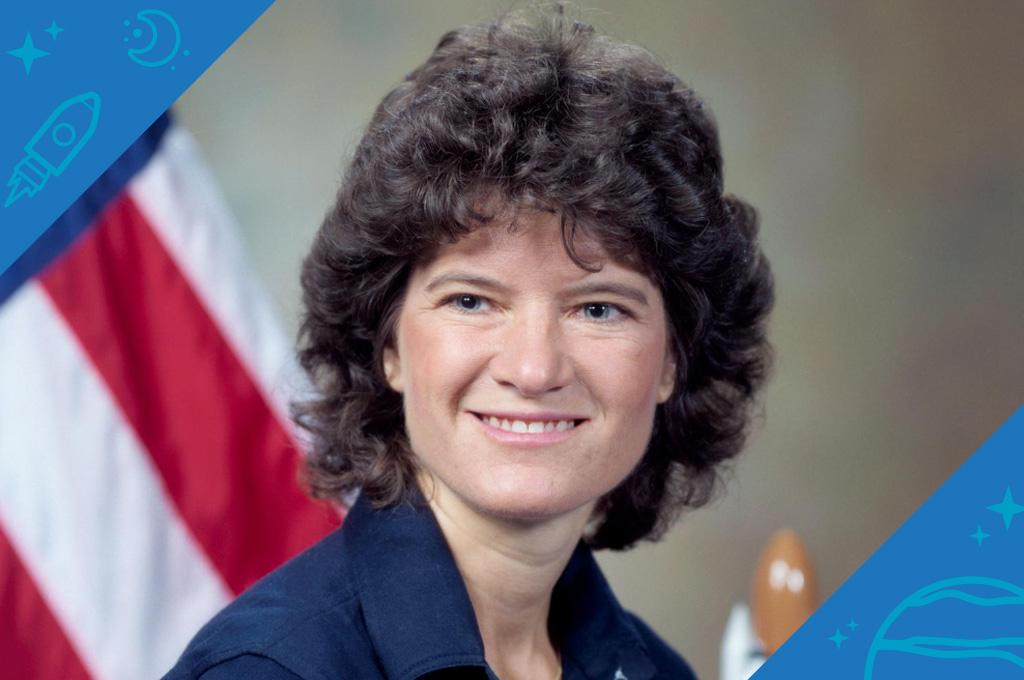 NASA portrait of Sally Ride with an American flag and model of the shuttle in the background