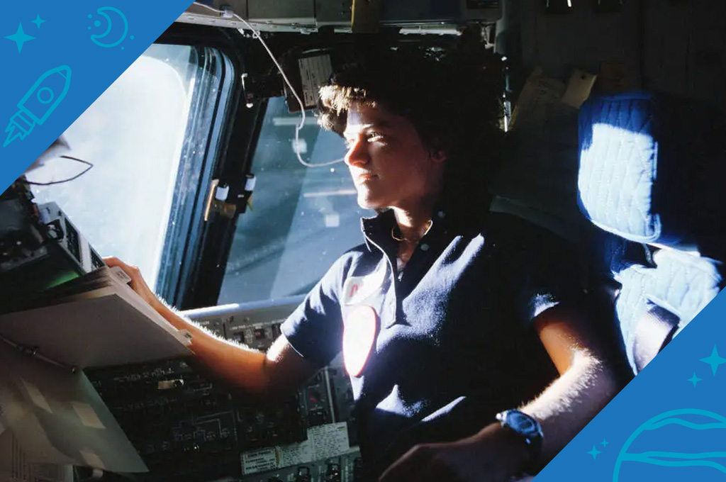 Photo of Mission Specialist Sally K. Ride inside the Challenger space shuttle