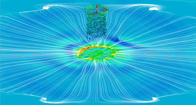 This visualization shows a pre-test hover simulation of a rotor within the 80x120-ft test section of the National Full-Scale Aerodynamics Complex at NASA?s Ames Research Center in Moffett Field, California. The vortex wake is colored by vorticity; the wind tunnel floor is colored by pressure (with red as high and blue as low); and flow streamlines on the floor are shown in white.