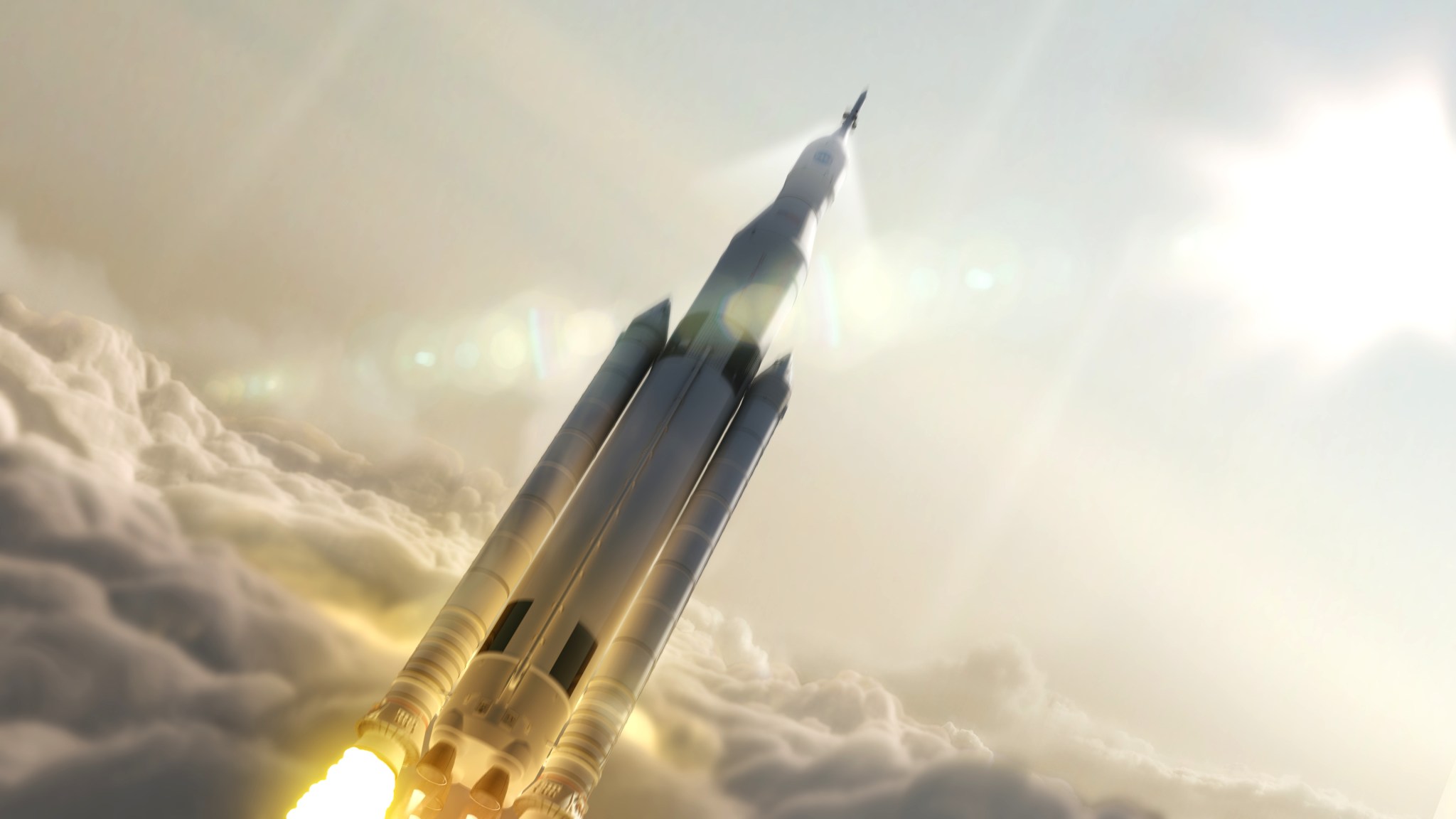This artist concept depicts NASA’s Space Launch System, which will be the most powerful rocket ever built. It is designed to boost the agency’s Orion spacecraft on deep space missions, including to an asteroid and, ultimately, to Mars.